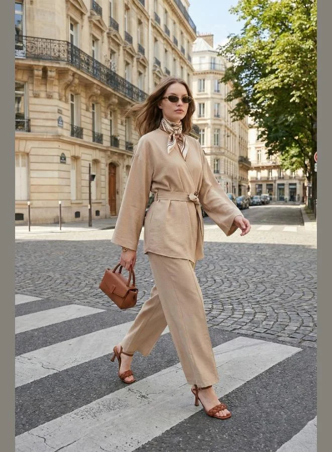 Lela Lela Regular Fit Tie Detail V-Neck Long Sleeve Women'S Set 6928892